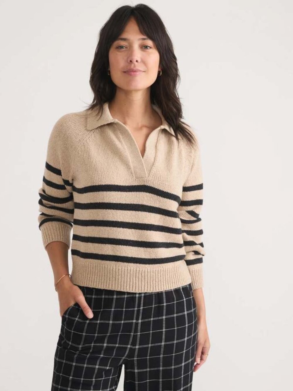 MARINE LAYER Women's Claire Relaxed Sweater Polo Size M In Neutral Stripe